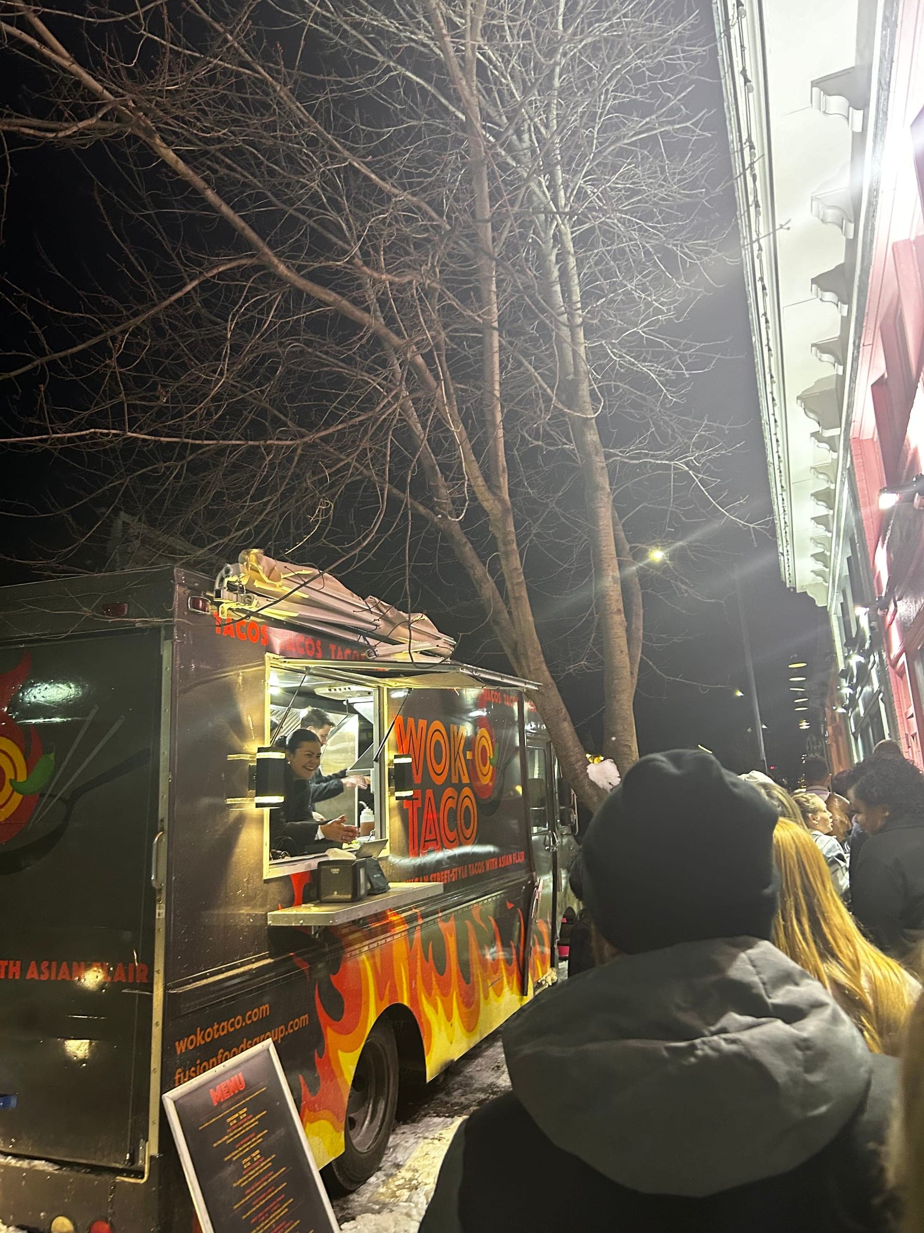 The Wok-O Taco truck lit up on a winter night in St. Louis