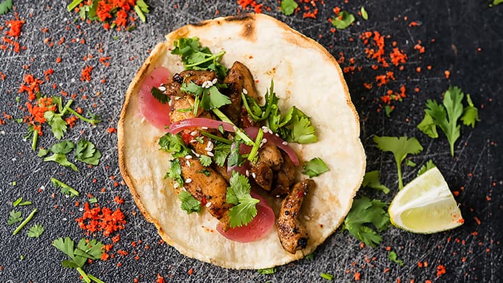 A chicken street taco with fresh cilantro and pickled onion, held up close to camera