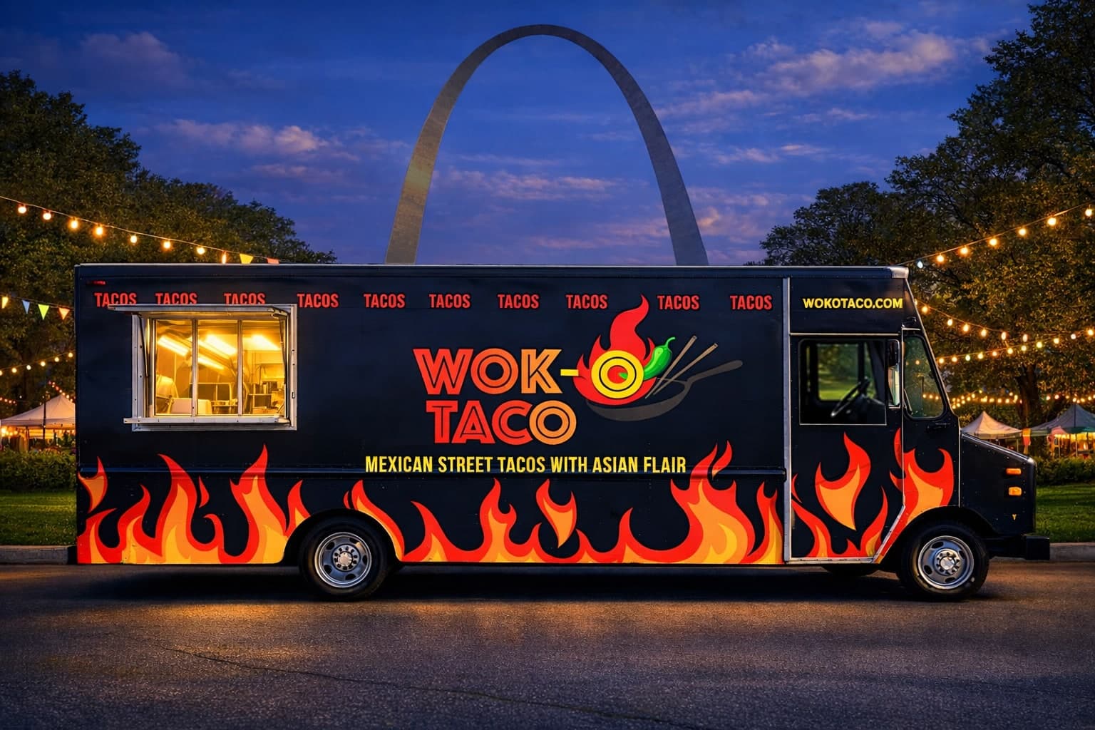 Wok-O Taco truck at night under the Gateway Arch with string lights
