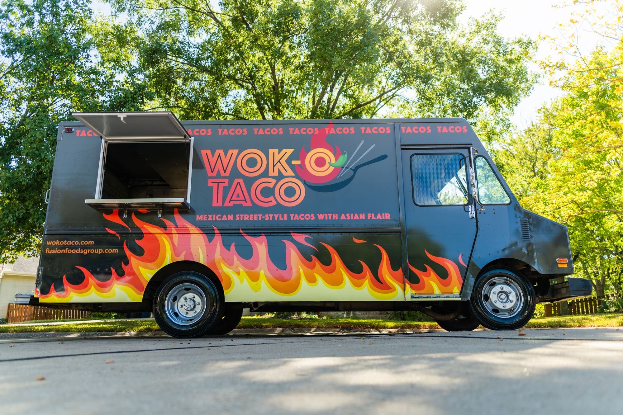 Wok-O Taco truck with its service window open